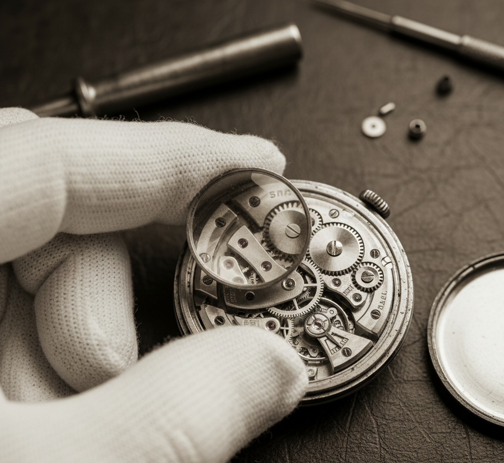 Foto de um relojoeiro trabalhando em uma peça